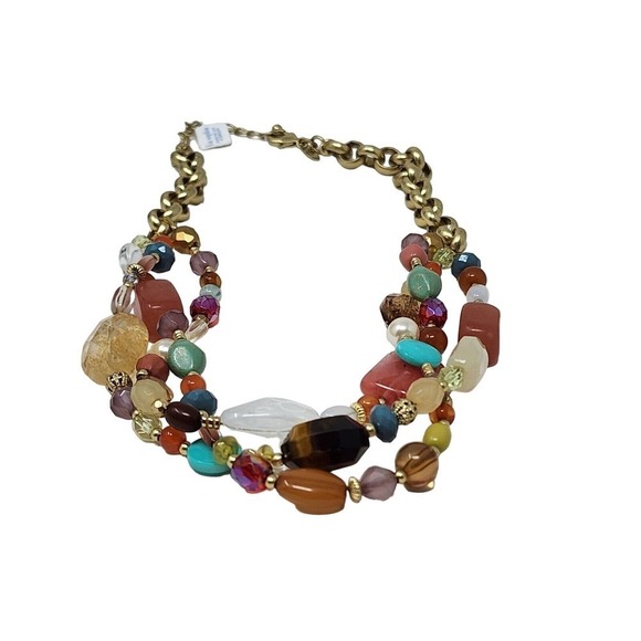 Lia Sophia Tigers Eye, Quartz, Resin Beads Strand Necklace Antique Gold (18-21") - Picture 2 of 10